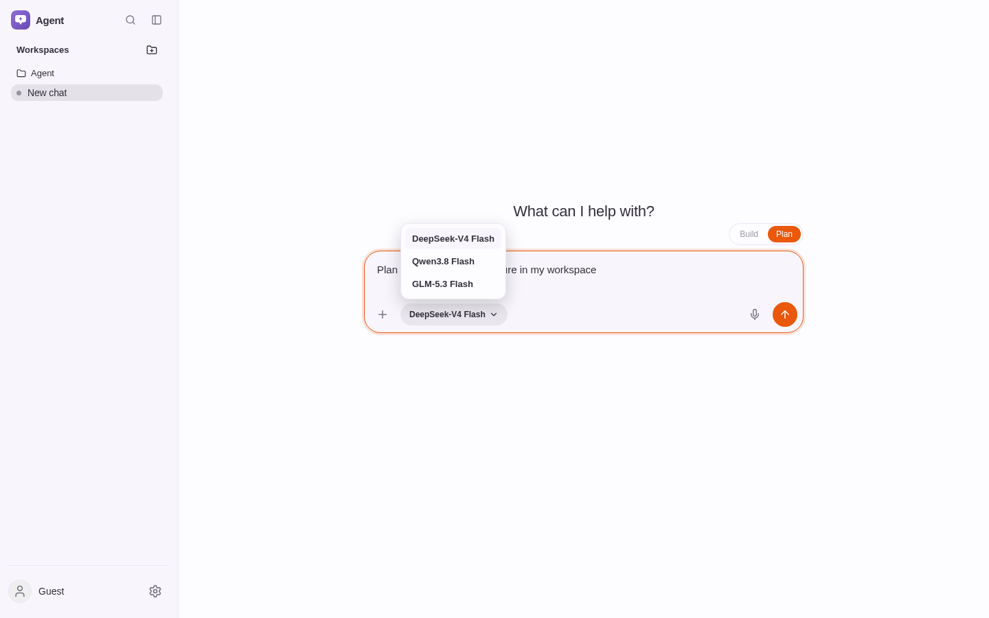 Authentic Agent composer with a build prompt and selectable model menu