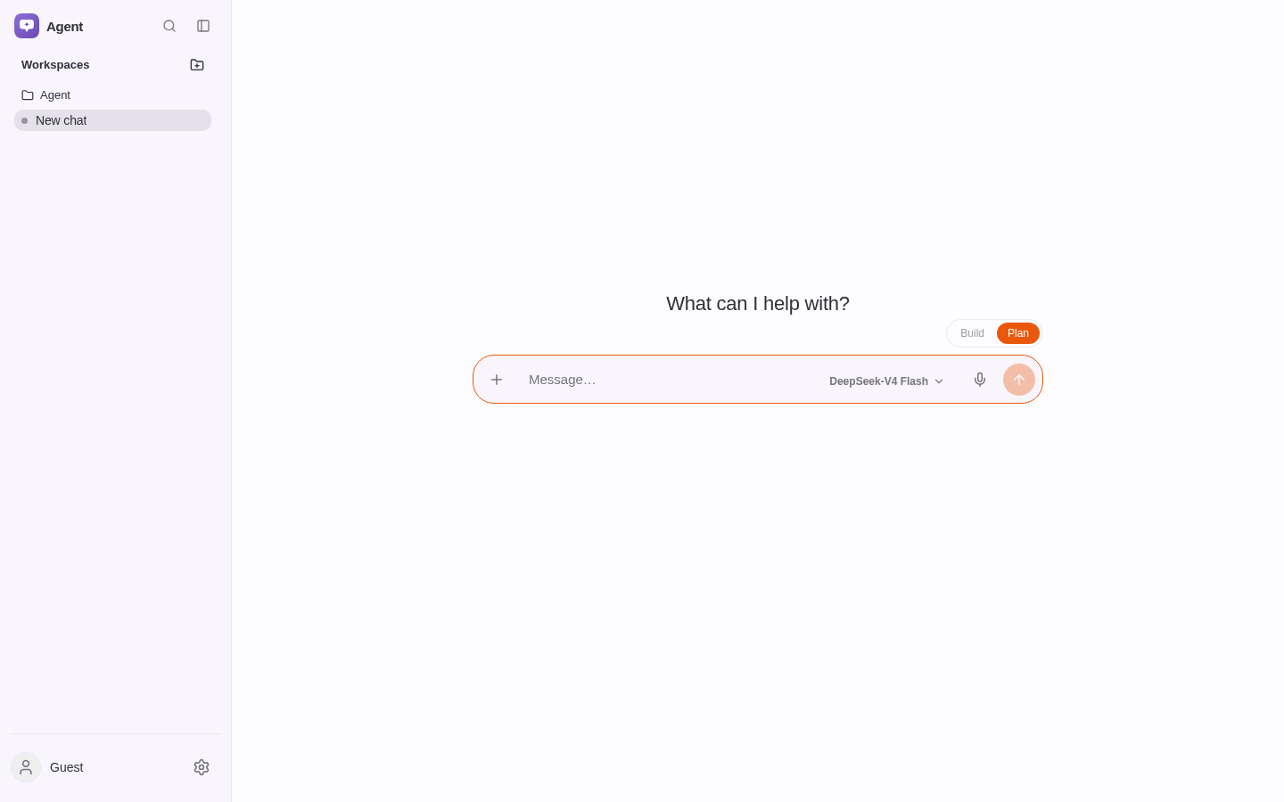 Authentic Agent landing screen with workspace navigation and plan/build composer