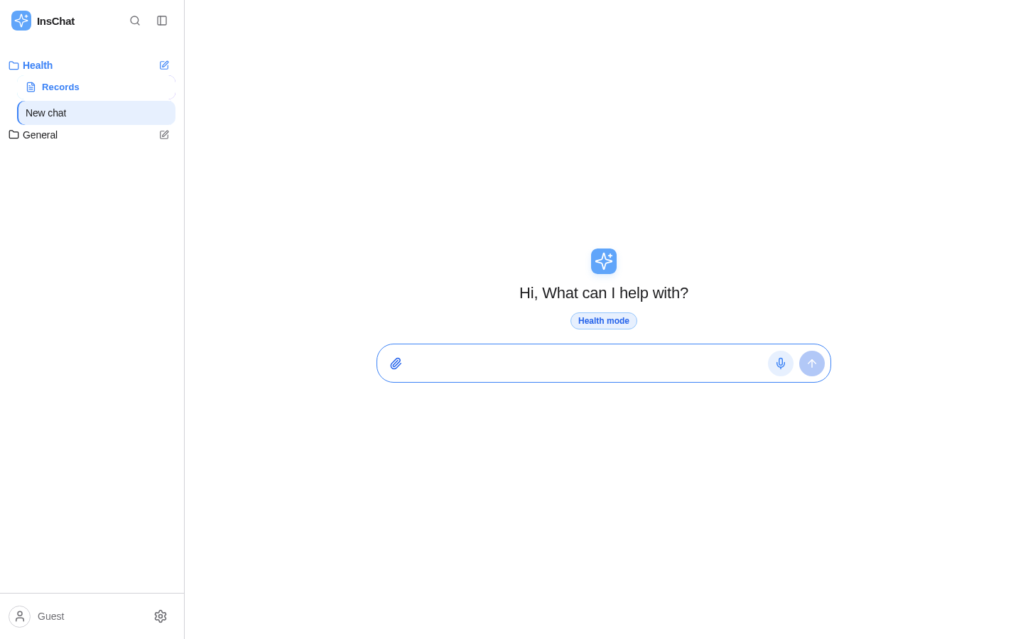 Authentic InsChat Health mode landing screen with sidebar and multimodal composer