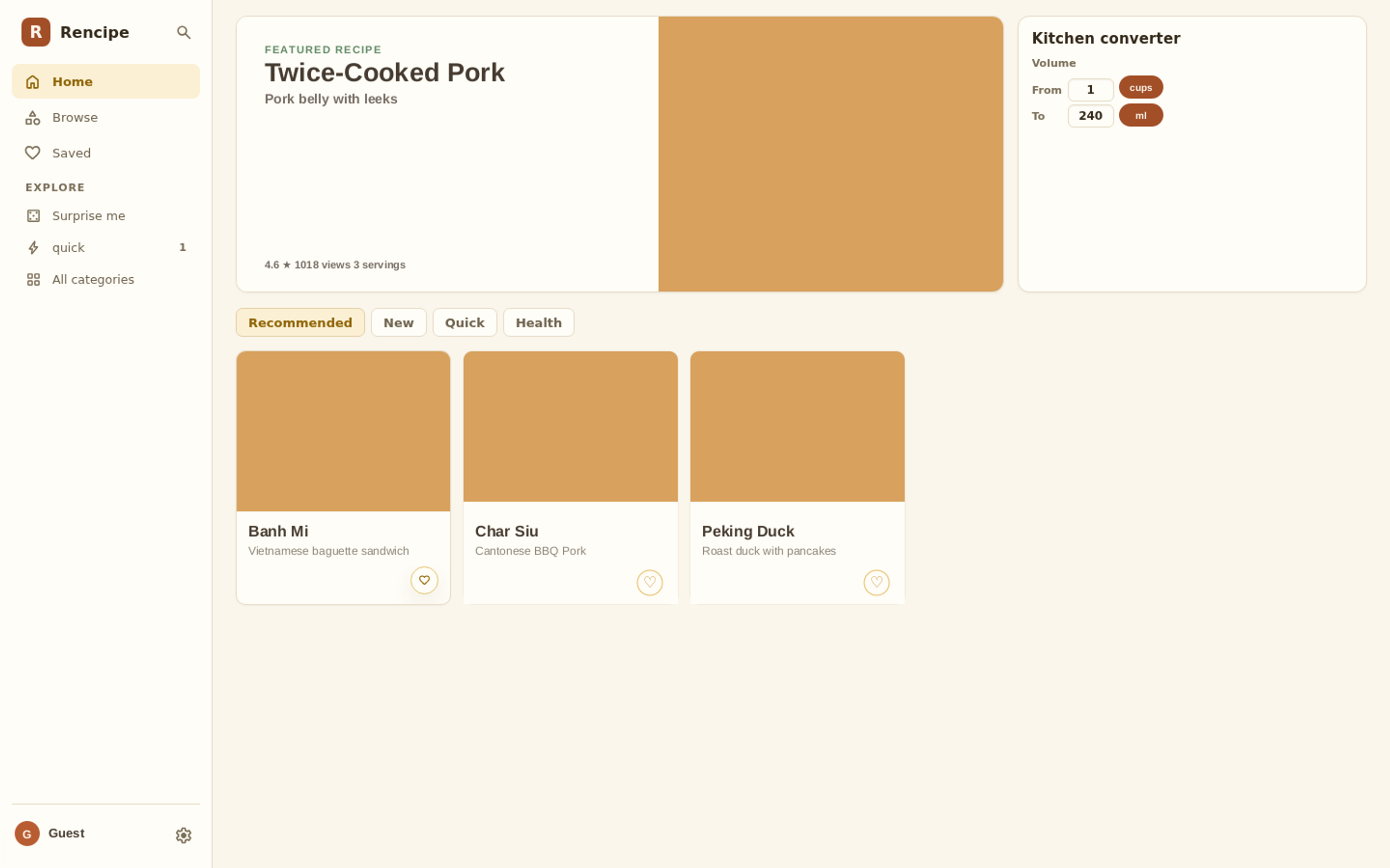 Simplified Rencipe homepage with real recipe text and a focused kitchen converter